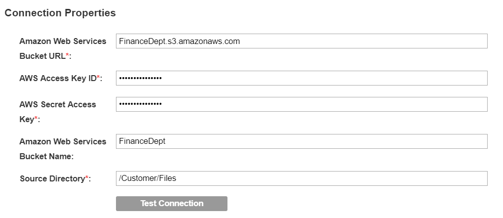 The image displays the connection settings for an Amazon S3 resource.