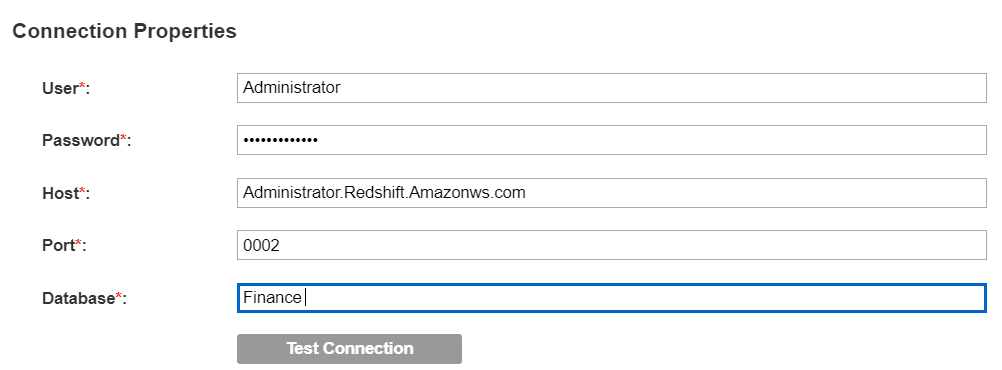 The image displays the connection settings for an Amazon Redshift resource.