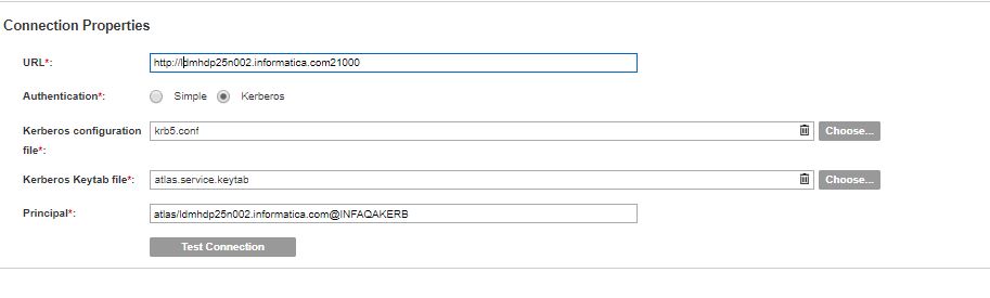 The image displays the connection settings for an Apache Atlas resource.
