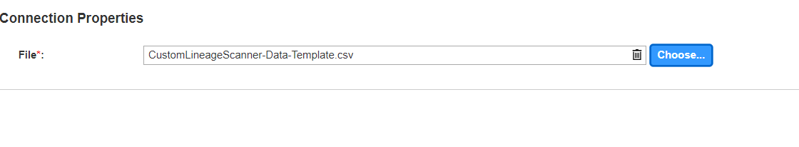 The image displays the connection properties for a Custom Lineage resource.
