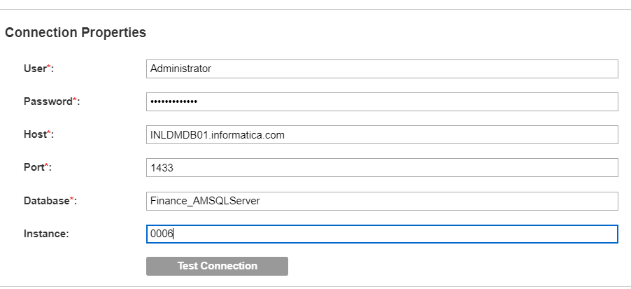 The image displays the connection properties for an Azure Microsoft SQL Server resource.