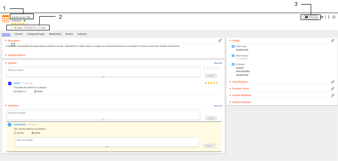 The Overview tab for a relational table displays information about the table including the custom attributes, description, associated people, and columns. If the columns have profile results, the Overview tab also displays the profile results.