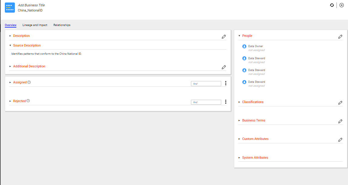 The Overview tab for a data domain displays the data domain groups, system attributes, custom attributes, assigned and inferred columns, and rejected columns. The Assigned Columns section lists the assigned and inferred columns for the data domain.