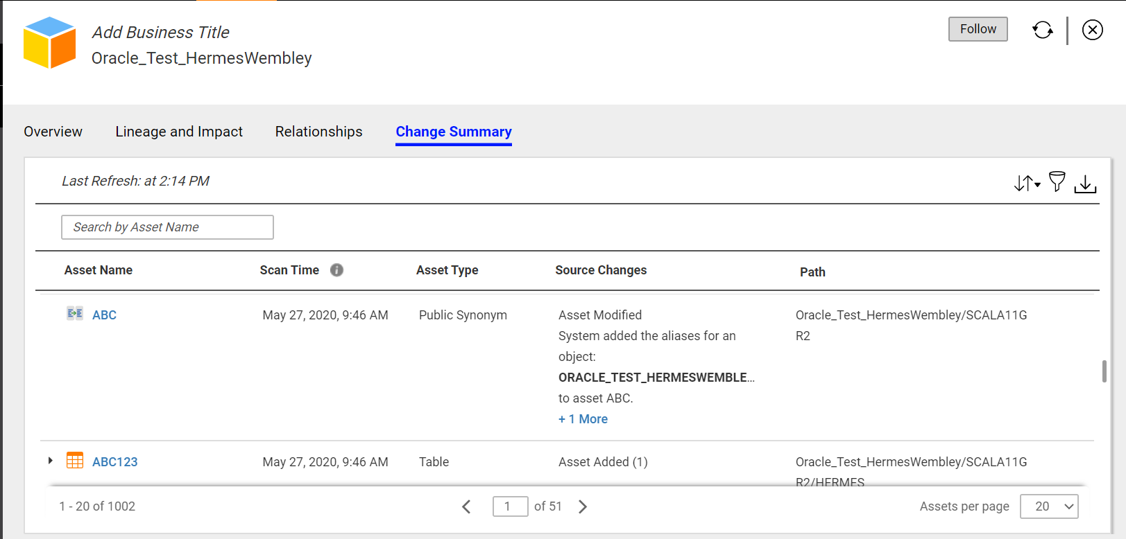 The image displays a sample change summary page. The page displays details such as the last refresh time of the page, name of the asset that was added, deleted or modified, type of the asset, scan time of the asset, source change details of the asset, and path to the asset.