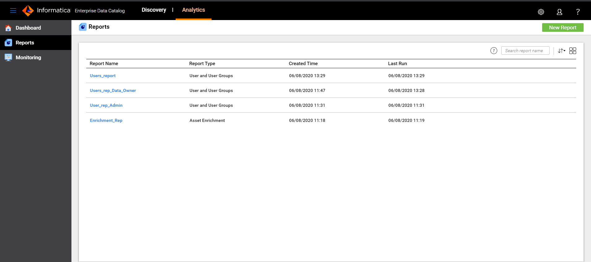 The image displays the Reports page that lists a few sample reports.