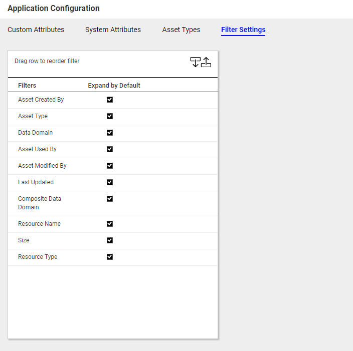 The search filters that you can customize in the Application Configuration page.