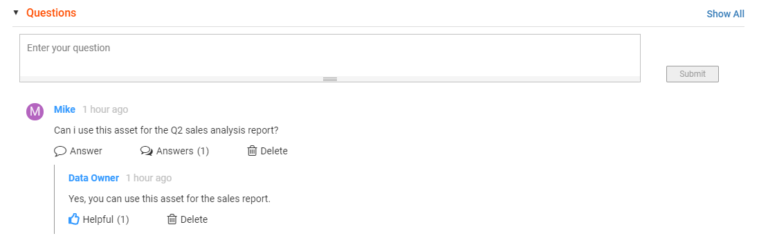 The Questions section displays the questions that are asked about the tabular asset.