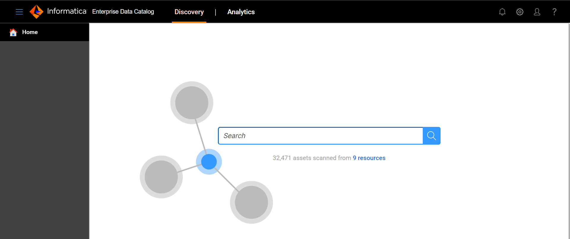 The Enterprise Data Catalog Discovery home page includes a search box that you can use to search for assets and an option to switch to the Analytics page.