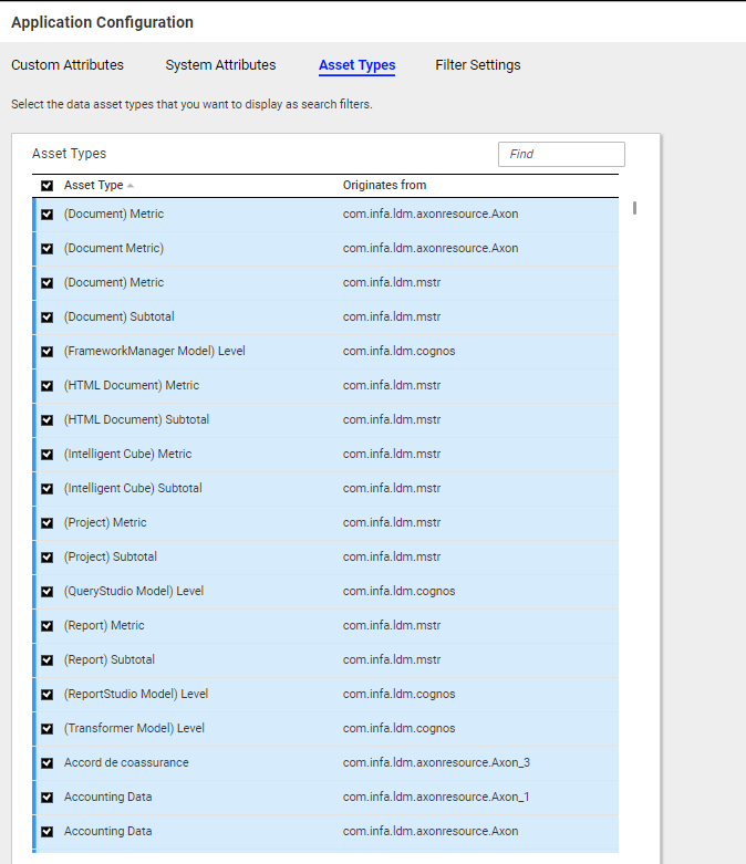 The asset types that you can configure in the Application Configuration page.