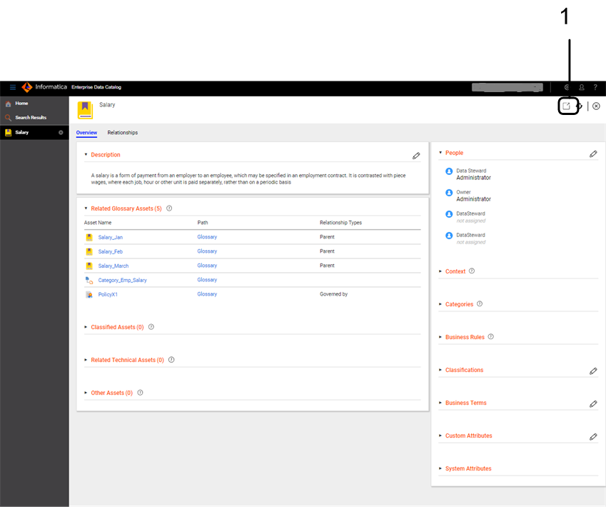 The Overview tab for a business term displays information about the term from the Analyst tool business glossary. To open the term in the Analyst tool, click the "View in Informatica Analyst" control in the upper right corner.