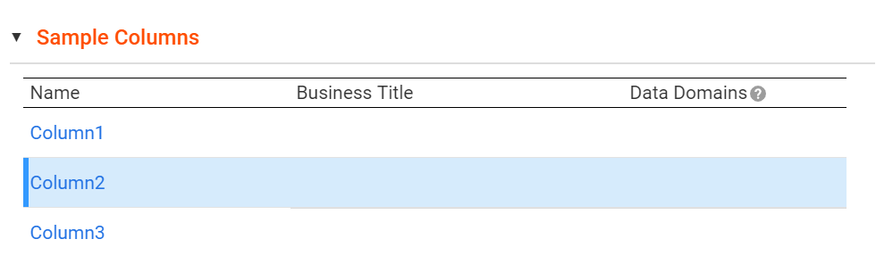 The image displays the Sample Columns section for a relational table with business term recommendations. The image displays the Sample Columns section for a relational table with business term recommendations.