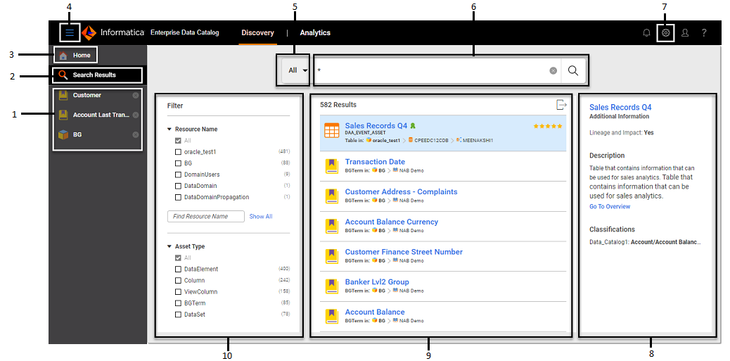 The Enterprise Data Catalog page with sample search results.