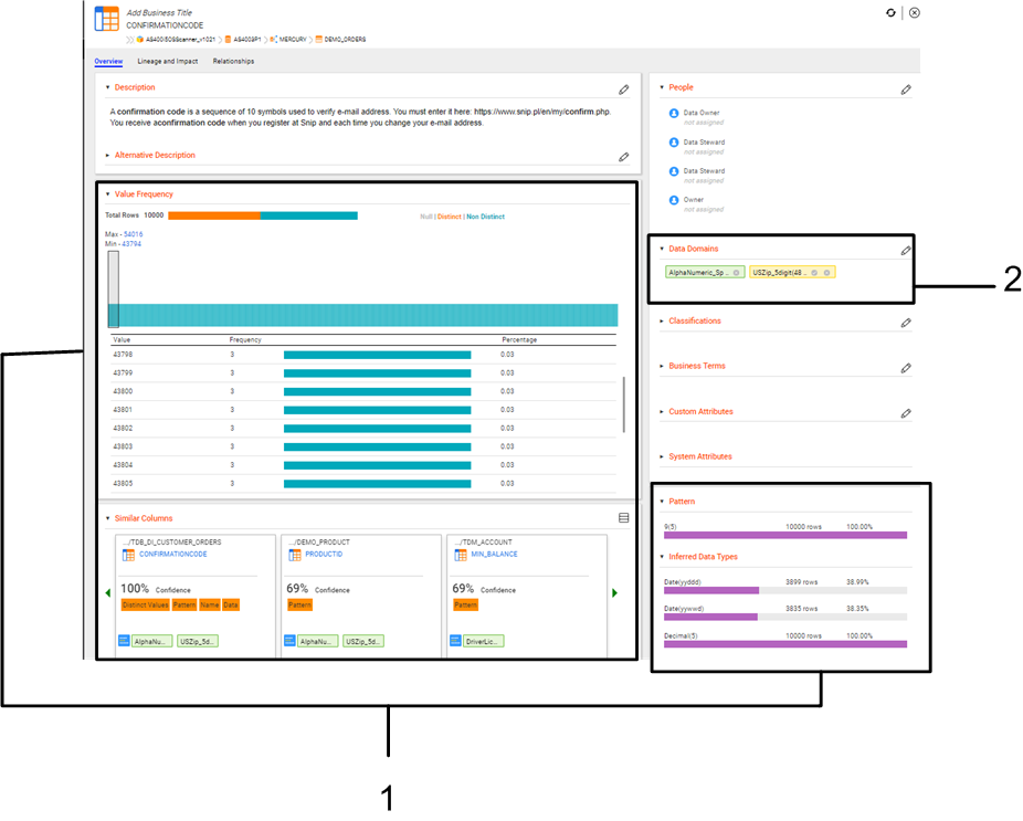 The Overview tab for a column or field asset displays information about the asset including the profile results. To curate data domains for the asset, click the pencil icon in the Data Domain section.