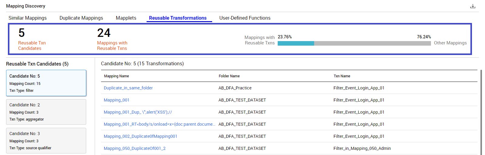 The image contains a sample Mapping Discovery section with the Reusable Transformations tab selected.