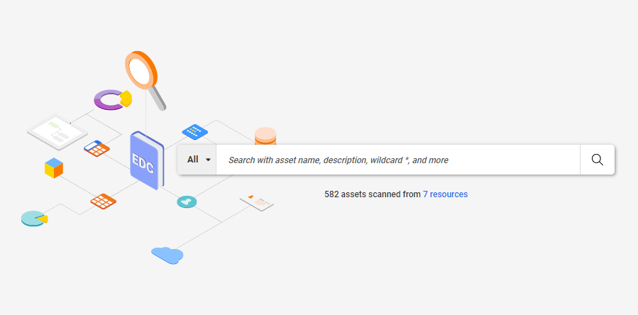 The Enterprise Data Catalog home page includes a search box that you can use to search for assets.