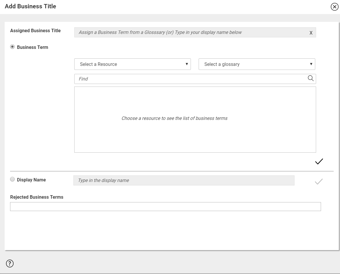 The image displays the Add Business Title window with business term recommendations. The image displays the Add Business Title window with business term recommendations.