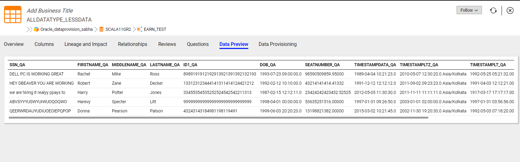 The image displays the sample data of a relational table.