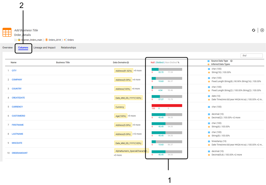 The Overviewview for a CSV file with profile results shows the data quality for each of the CSV fields. The bar charts display the percentage of null, distinct, and non-distinct values.