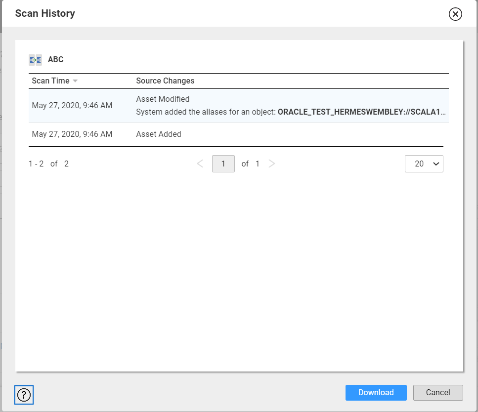 The image displays the sample Scan History window. The window includes the details about the type of change that was made to the asset