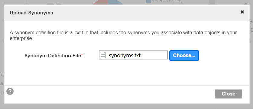 The image displays the Upload Synonyms dialog box.