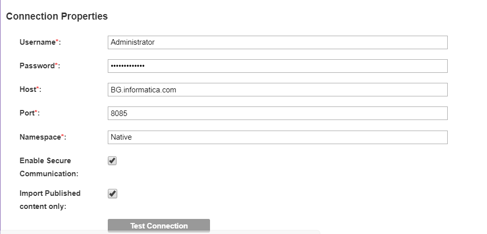 The image displays the connection properties for a Business Glossary resource.