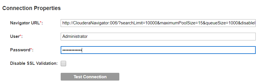 The image displays the connection properties for a Cloudera Navigator resource.