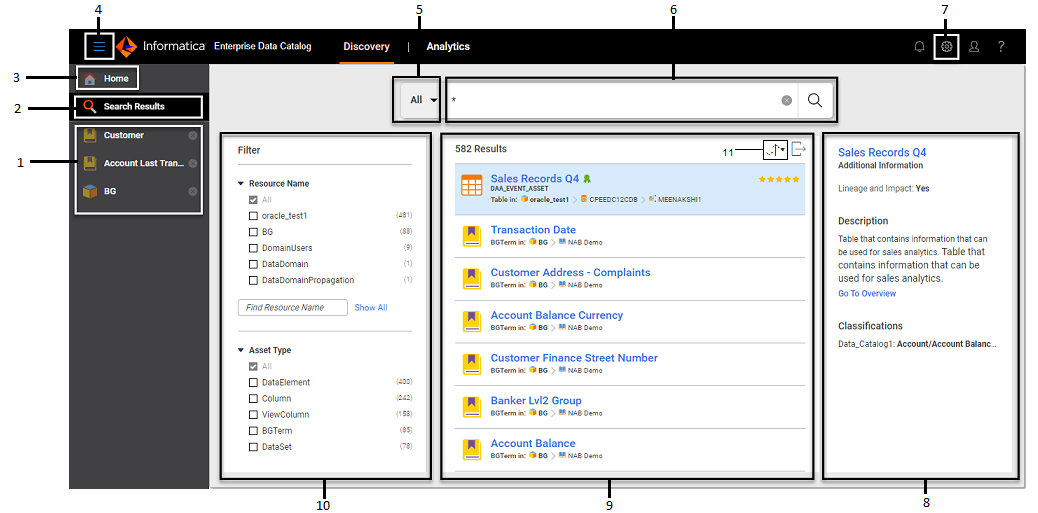 The Enterprise Data Catalog page with sample search results.