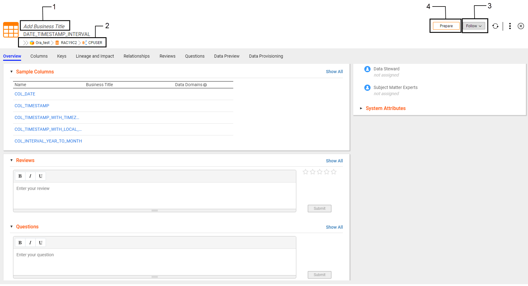 The Overview tab for a relational table displays information about the table including the custom attributes, description, associated people, and columns. If the columns have profile results, the Overview tab also displays the profile results.