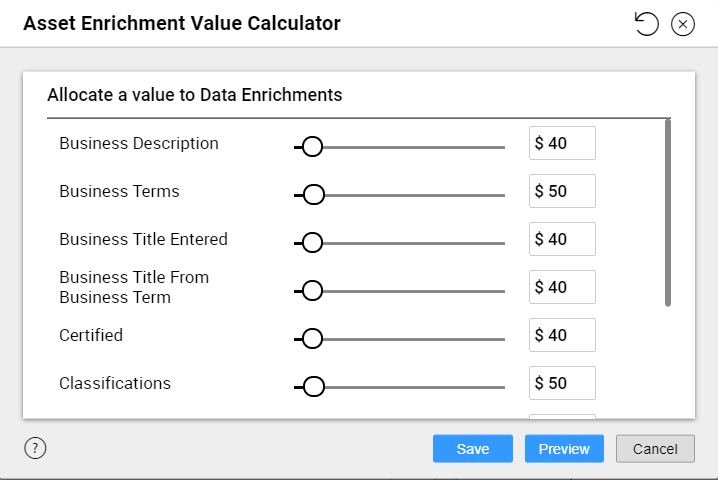 The image displays the sample Asset Enrichment Value Calculator window with a few asset enrichment value sliders.