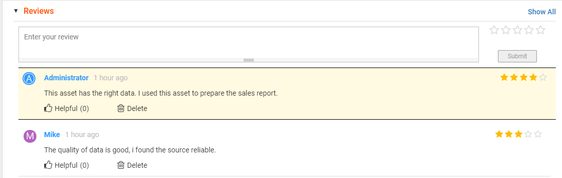 The Reviews section displays the reviews and ratings for a tabular asset. The Reviews section displays the reviews and ratings for a tabular asset.