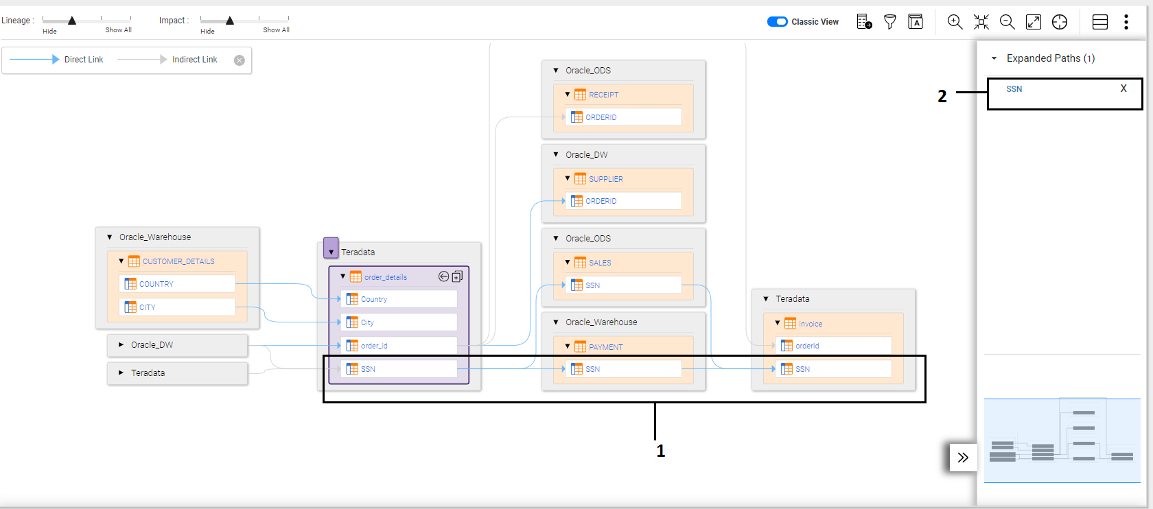 The diagram shows an expanded link between the destination column, "SSN," and the seed asset, "order_details." To view the list of expanded links, open the configuration panel.