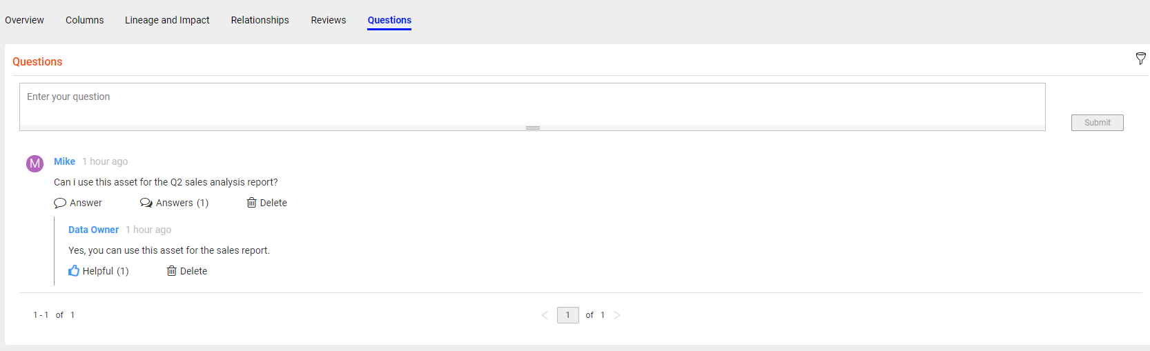 The Questions tab displays the complete list of questions asked about the tabular asset.