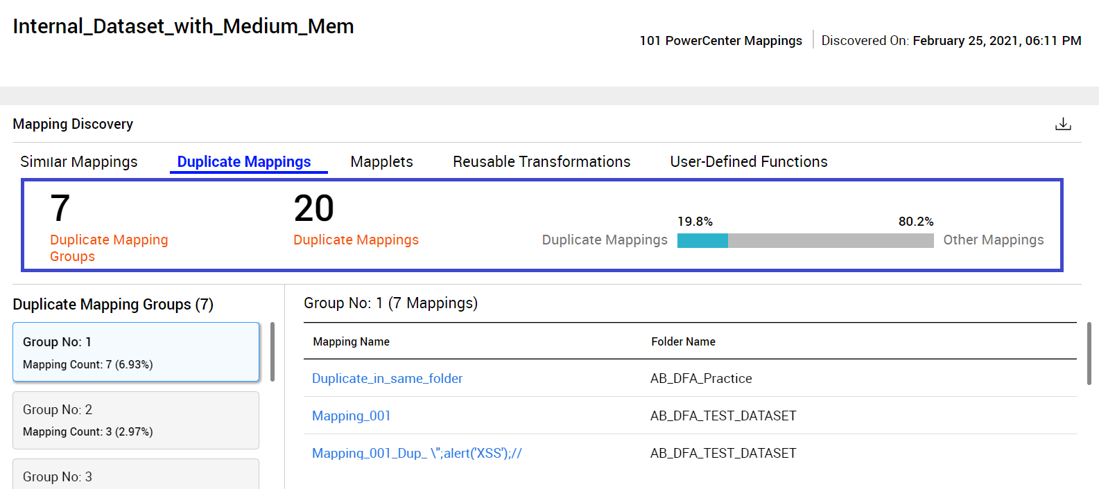 The image contains a sample Mapping Discovery section with the Duplicate Mappings tab selected.