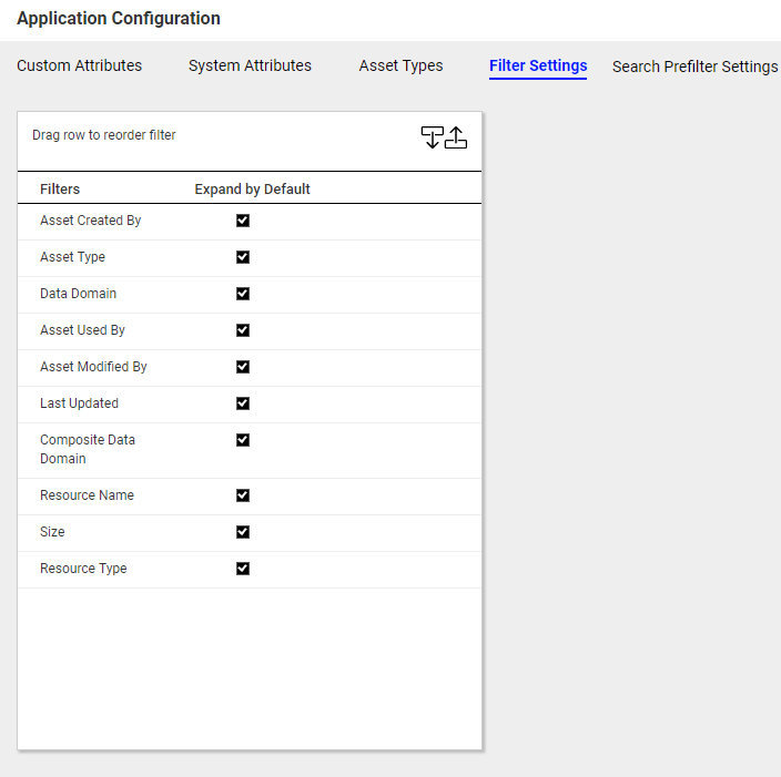 The search filters that you can customize in the Application Configuration page.