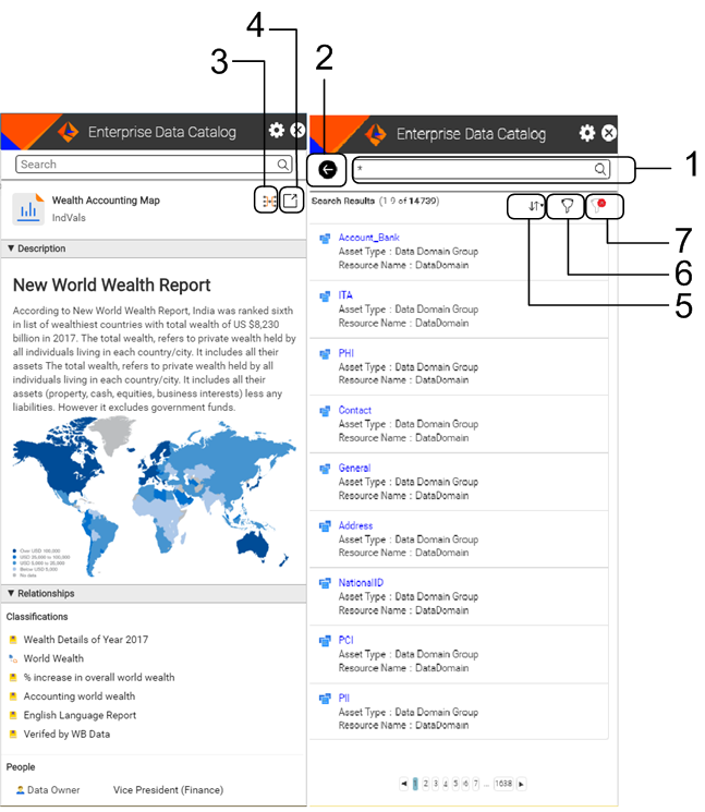 The image displays the Discover view with the details of the asset and the sample search results page.