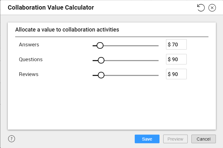 The image displays the sample Collaboration Value Calculator window with the reviews, questions, and answers value sliders.