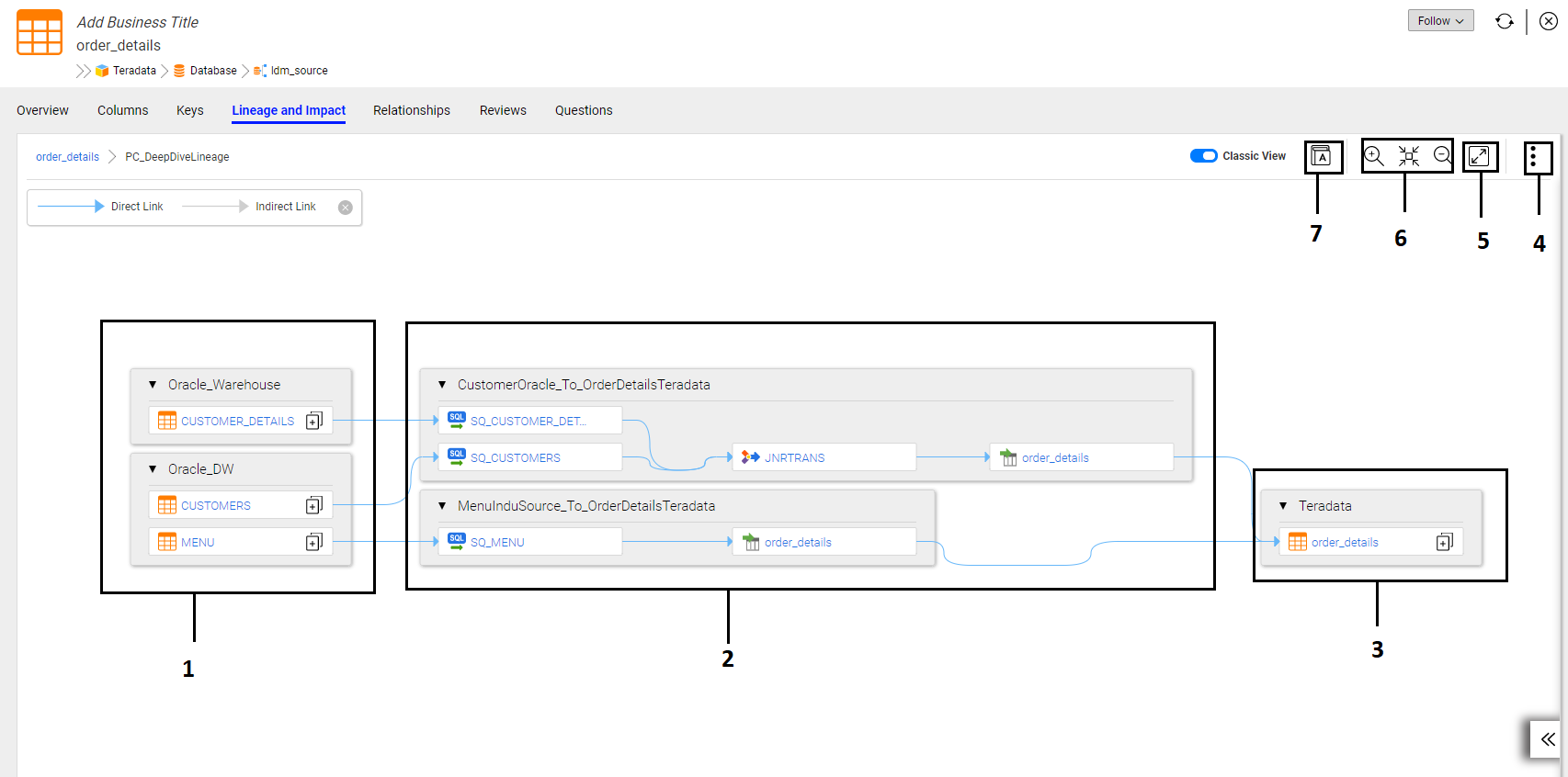 The transformation logic view displays the mapping or data flow relation type between source assets and target assets. The view also contains controls that allow you to zoom the diagram, display business glossary term, reset the diagram, the menu control, which allows you to print the diagram, export the diagram, and show and hide the legend. The transformation logic view displays the mapping or data flow relation type between source assets and target assets. The view also contains controls that allow you to zoom the diagram, display business glossary term, reset the diagram, the menu control, which allows you to print the diagram, export the diagram, and show and hide the legend.