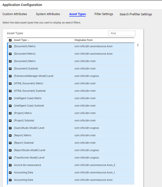 The asset types that you can configure in the Application Configuration page.