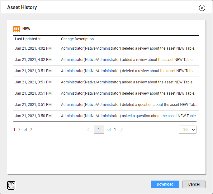 The Asset History window displays the change history for the asset.