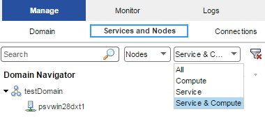 In the Navigator search, objects are filtered by nodes and then by the service and compute roles.