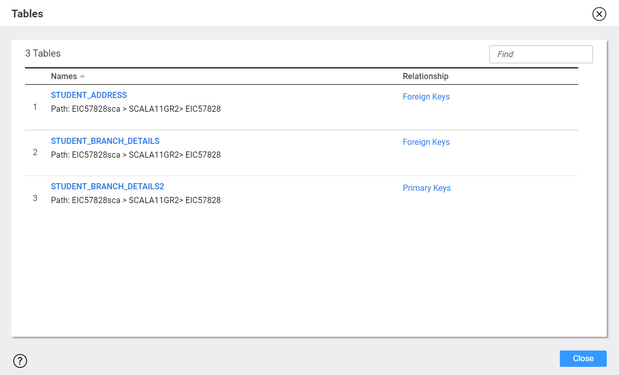 The Tables dialog box shows the type of relationship between the STUDENT_DETAILS table and the related tables.