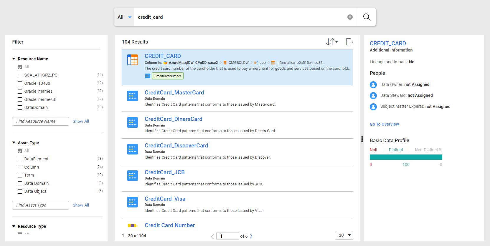 The search results page displays all assets that match the entered search criteria.