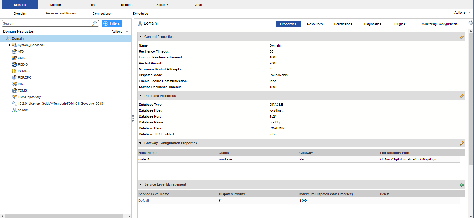 The Administrator tool displays the following views: Domain, Logs, Monitoring, Reports, Security, and Cloud. The Domain view shows Services and Nodes and Connections tabs.