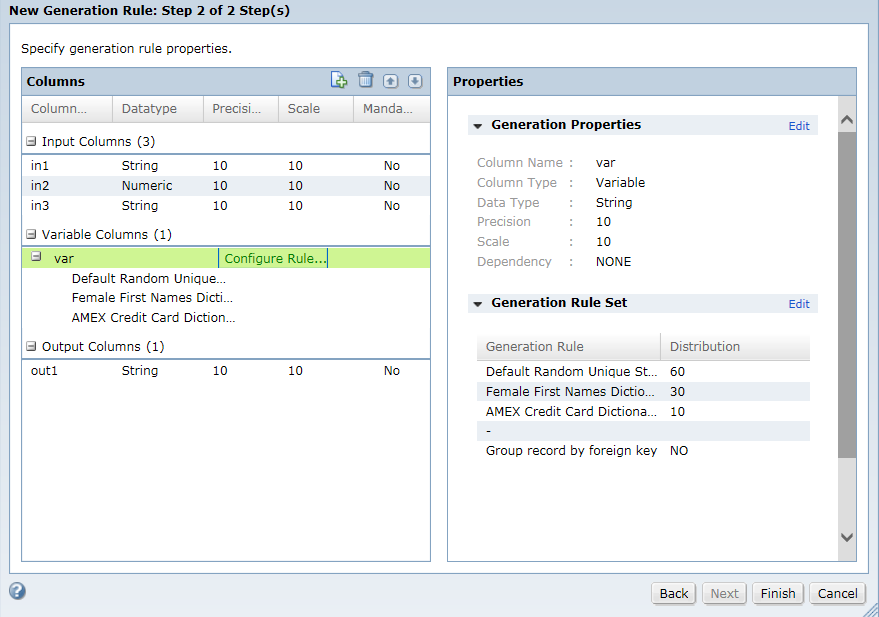 The New Generation Rule dialog box shows the input, variable, and output columns of an advanced rule. The var variable column is selected and the general properties and generation rule set parameters are displayed.