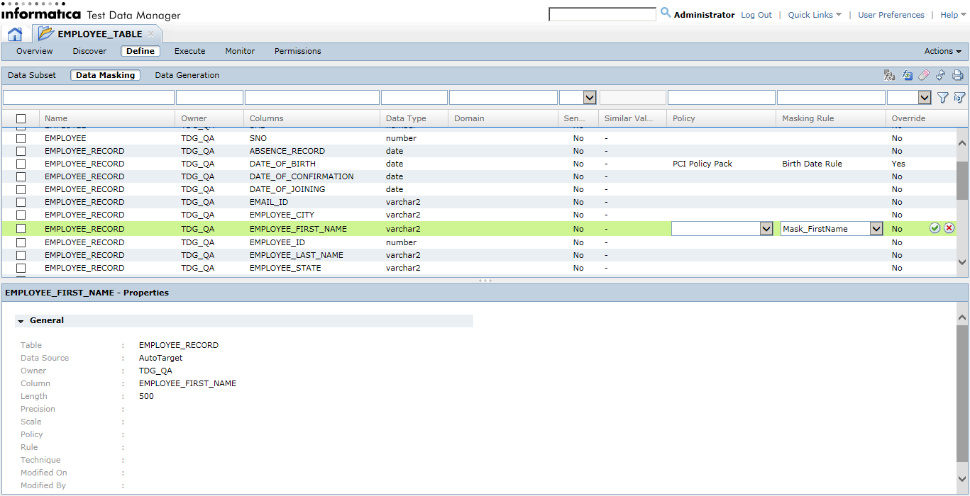 The Data Masking view shows a policy and a policy prefered masking rule assignment to the DATE_OF_BIRTH column. Another masking rule is applied to EMPLOYEE_FIRST_NAME column.