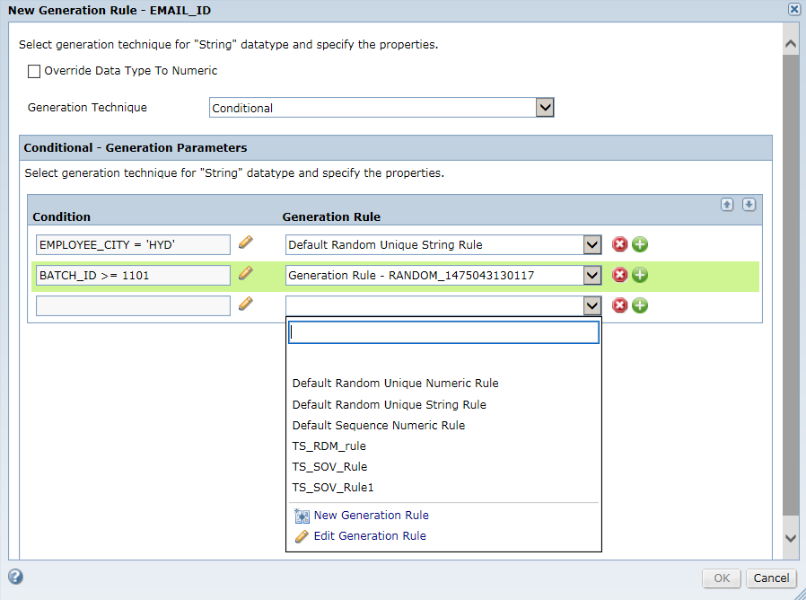 The New Generation Rule dialog box shows the conditional generation parameters such as conditions and generation rules that you can configure for a string data type.