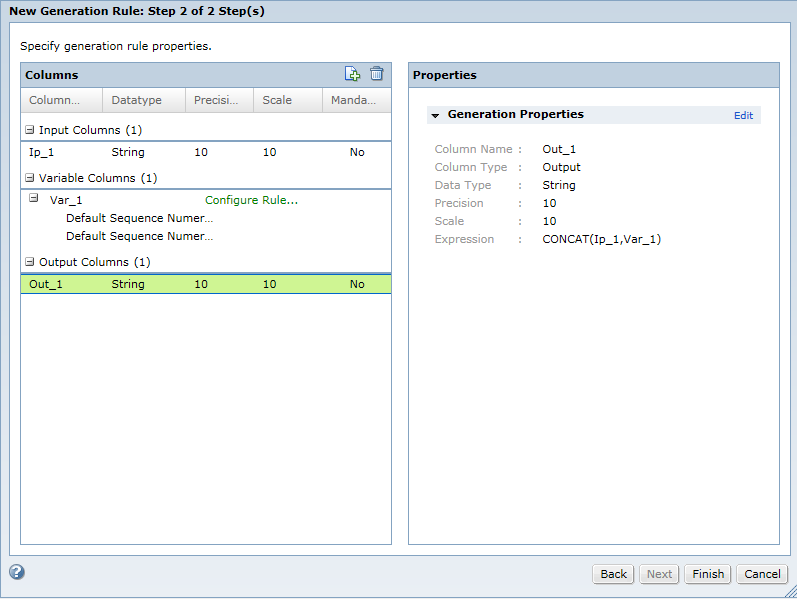 The New Generation Rule dialog box shows the input, variable, and output columns of an advanced rule. The Out_1 output column is selected and the output column properties are displayed.