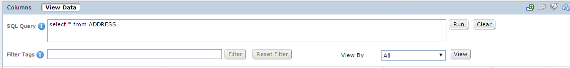 The View Data tab in the data set page shows the SQL Query field with a query to select all records from the Address table. The View Data tab contains buttons to add and delete rows and update tags.
