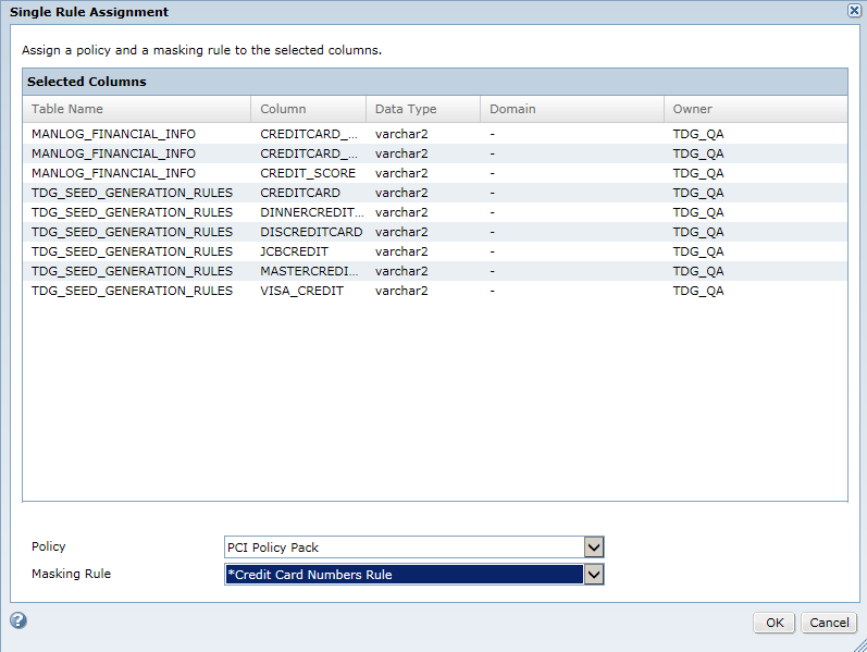 The Single Rule Assignment dialog box shows the PCI Policy Pack policy and the Credit Card Numbers Rule masking rule assignment to all the credit card type columns.