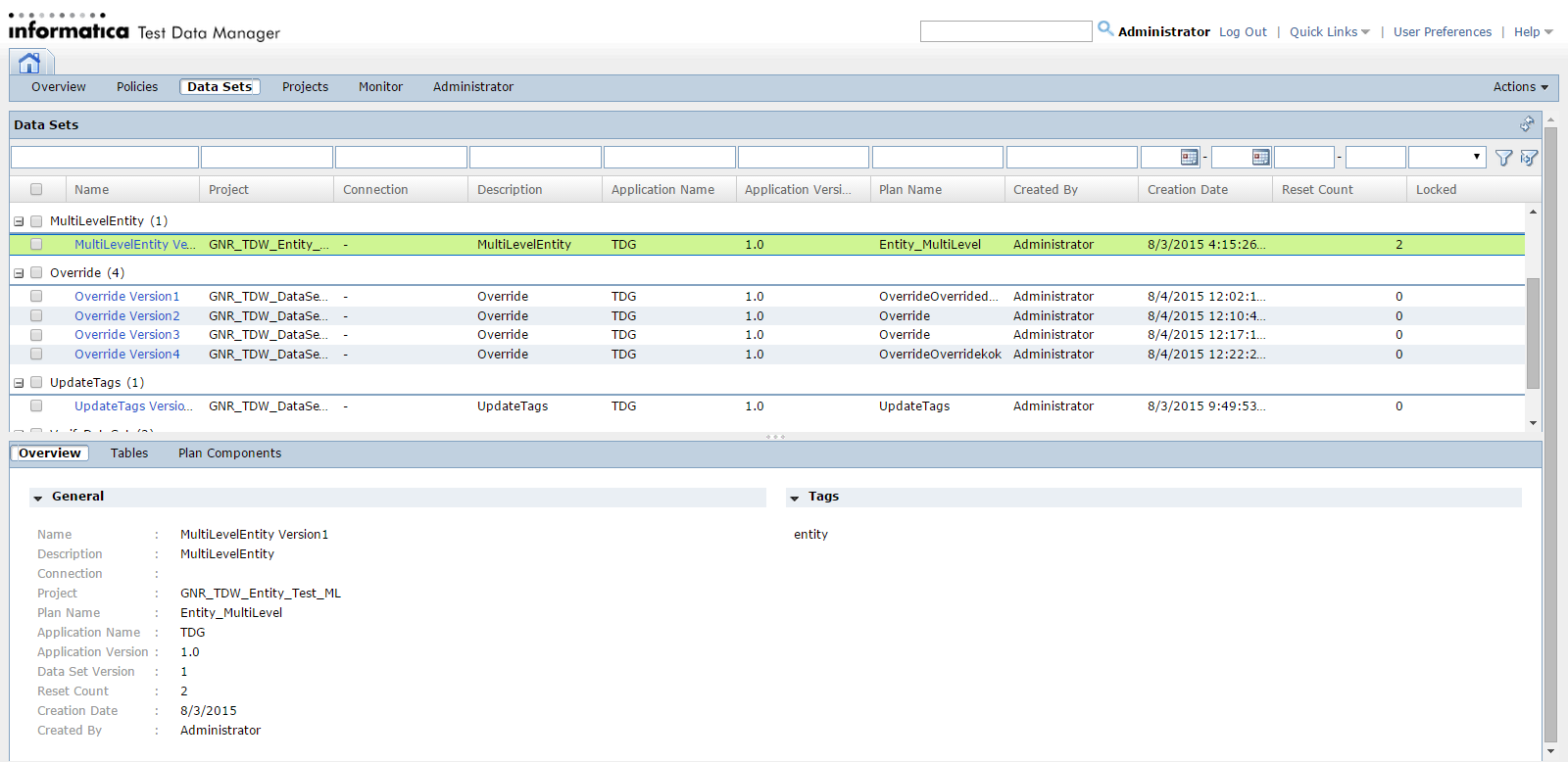 The Data Sets view contains a list of the data sets that you store in the test data warehouse. The Overview tab lists the general properties of the selected data set.